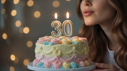 Young woman  preparing to blow out candles on a birthday cake celebrating her 30th birthday, warm festive lights creating a joyful atmosphere.