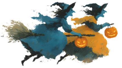 Cosmic witches riding glowing jack-o-lantern comets, isolated on white background