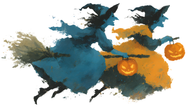 Cosmic witches riding glowing jack-o-lantern comets, isolated on white background