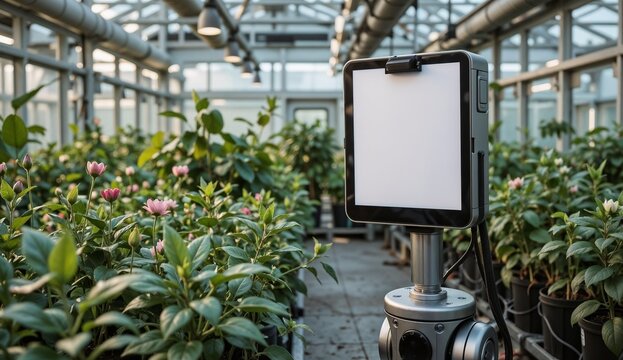 Smart farming robot with a blank tablet screen in a high-tech greenhouse. Agricultural technology and automation concept with copy space for a mockup
