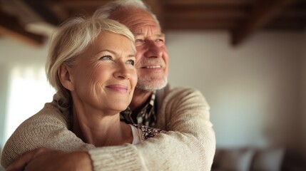 happy senior adult mature classy couple hugging bonding thinking of good future carefree cheerful mid age old husband embracing wife looking away dreaming enjoying wellbeing and love in new house no 