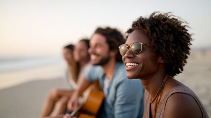 Happy friends sitting on the beach at sunset, playing guitar and singing together, embracing the joy of summer while the sea sparkles in the background during a carefree evening