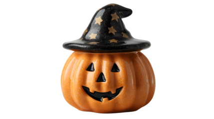 Decorative pumpkin lantern with witch hat lid, isolated on white background