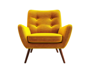 Plush yellow armchair with button details on a dark background