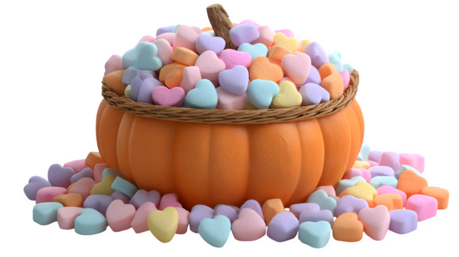 Cute cartoon pumpkin basket overflowing with rainbow-colored candy hearts, isolated on white background