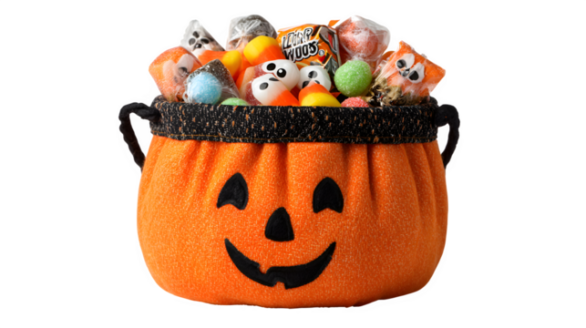 Cute smiling pumpkin bucket with candies and gummy eyeballs inside, isolated on white background