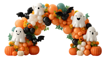 Halloween balloon arch with ghosts, bats, and pumpkins, isolated on white background