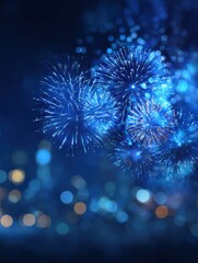 Fototapeta premium celebrating new years eve with vibrant blue fireworks and bokeh effects illuminating the night sky