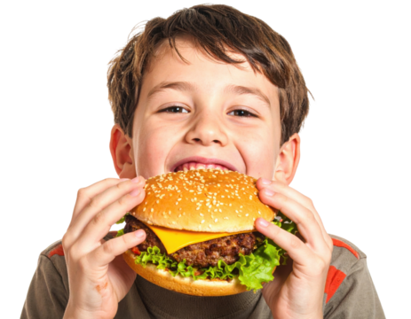 A joyful child holding a delicious, juicy hamburger with fresh ingredients. - Powered by Adobe