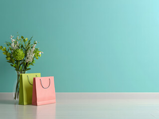 Shopping Delight: Capturing the simplicity and joy of shopping, two vibrant shopping bags are set against a fresh and light blue backdrop, complemented by a bouquet of flowers.
