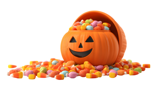 Cute cartoon pumpkin bucket tipped over with candies spilling on ground, isolated on white background