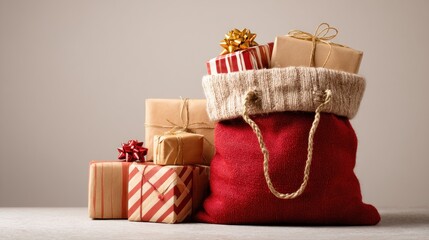 A plush red sack overflows with wrapped presents. Some stand beside it, tied with ribbons and bows, ready for giving. Beige background
