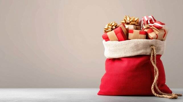 A vibrant red sack overflowing with wrapped gifts, secured with bows, against a soft, neutral background, conveying holiday cheer and anticipation - Powered by Adobe