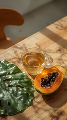 Morning Herbal Drink Scene with Papaya Leaf and Ripe Papaya Half