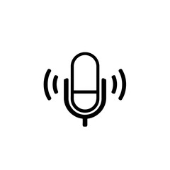 A simple black and white illustration of a vintage microphone with sound waves.