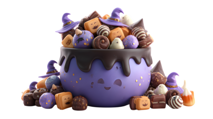 Cartoon candy bucket decorated with witch hats, overflowing with chocolates, isolated on white background