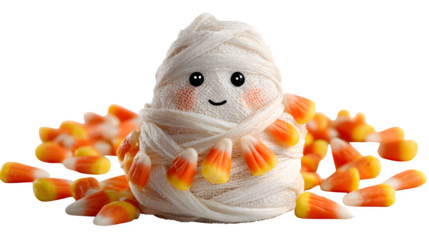 Ghost wrapped like mummy with candy corn decorations, isolated on white