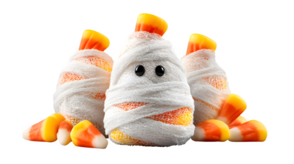 Ghost wrapped like mummy with candy corn decorations, isolated on white
