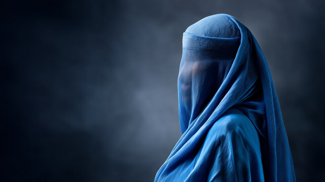 Woman wearing a traditional blue burqa standing against a dark background, symbolizing culture, identity, and the complex layers of tradition and privacy. Afghan culture, burqa por