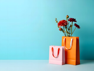 Floral Gift: Vivid flowers elegantly emerge from colorful shopping bags, presented on a serene backdrop, creating a scene of cheer and gift-giving.