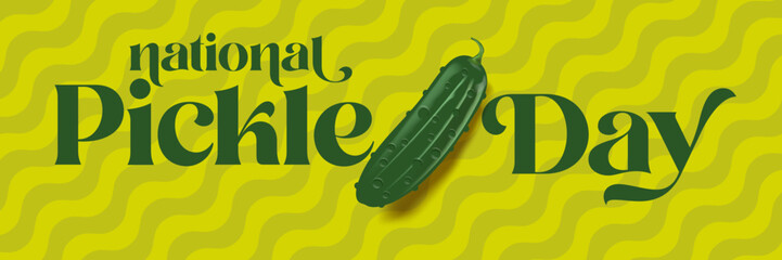 National Pickle day horizontal banner design template with text and pickled cucumbers isolated on green geometric pattern background. Pickle day flyer. 14 november national day of pickled cucumber