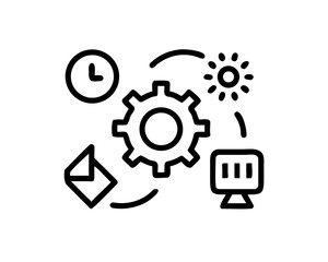Workflow icon with gear, clock, sun, computer and mail