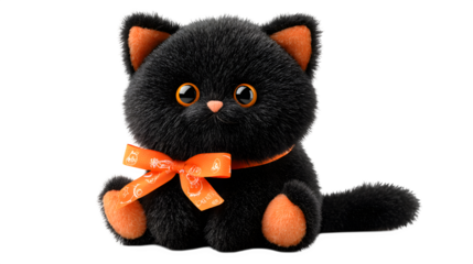 Black cat plush gift toy with Halloween ribbon bow, isolated on white background