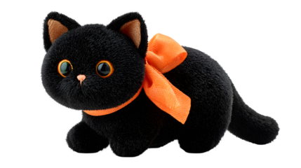 Black cat plush gift toy with Halloween ribbon bow, isolated on white background