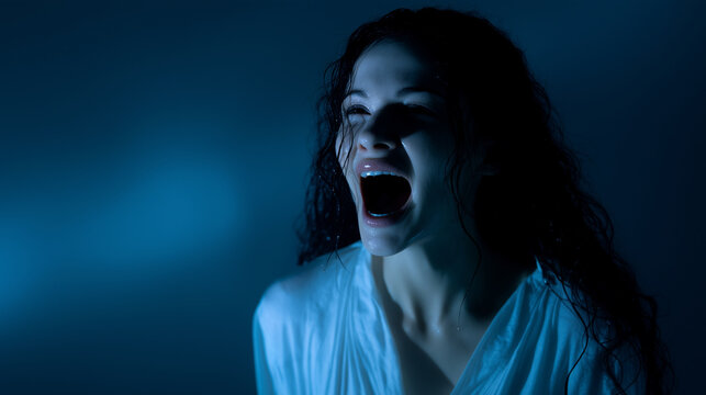 Frightening spectral woman emerging from shadows, pale skin and black hair dripping with water, open mouth scream in eerie blue light. SEO: ghostly figure, horror movie concept, ha