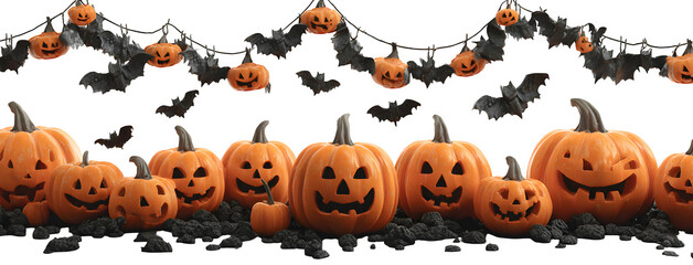 Banner of pumpkins carved with emoji faces, bats flying overhead, isolated on white