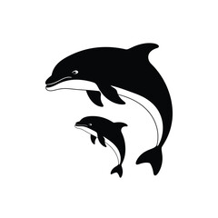 Two dolphins leaping together silhouette