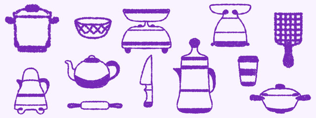 Hand drawn crayon style doodle vector icons set of kitchen and cooking tools