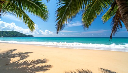 A sunny beach scene, with palm trees framing the ocean and sand under a clear blue sky