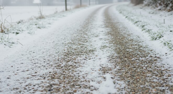 A snow-covered gravel path on a cold winter day. A rural country road curves into the foggy distance. Journey and solitude concept with selective focus