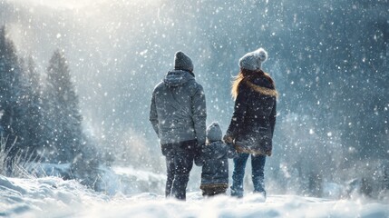 father and mother with small child in winter nature standing in the snow no logos no brands ar 169