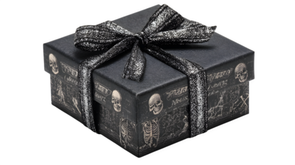 Black Halloween box with skeleton artwork and ribbon bow, isolated on white background