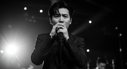 A black and white image of a man singing passionately into a microphone on stage
