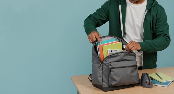 A young student packing his backpack with notebooks and school supplies on a desk. Preparing for college or a new semester. Back to school and education concept with copy space