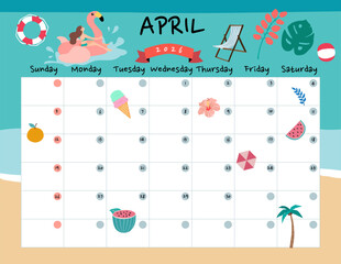 April 2026 table calendar week start on Sunday with holiday theme that use for horizontal digital and printable letter size