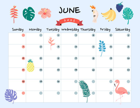 June 2026 table calendar week start on Sunday with holiday theme that use for horizontal digital and printable letter size