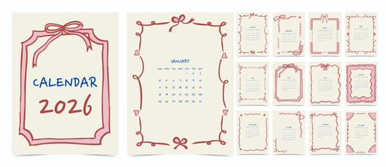 2026 table calendar week start on Sunday with coquette theme that use for horizontal digital and printable letter size