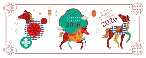 2026 Chinese new year festival with geometric year of the horse background.vector illustration for website banner and social media template