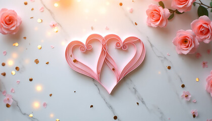 Modern romantic style, geometric quilling paper art creating interlinked hearts, clean marble background with subtle pink veining, Valentine's Day backdrop