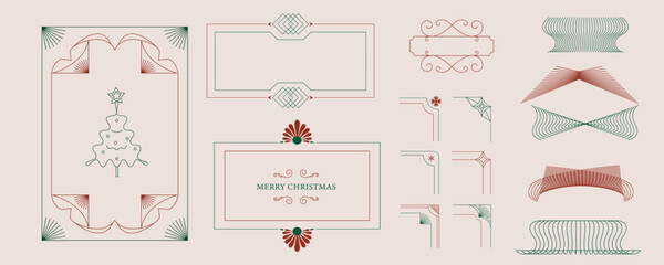 Minimal art deco with christmas tree,bauble,wreath,border outline.vector illustration for Christmas party invitation card, postcard, menu ,print, social media template