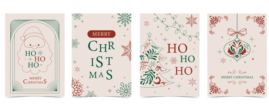 Minimal art deco with christmas tree, Santa claus,ho ho ho outline.vector illustration for Christmas party invitation card, postcard, menu ,print, social media template