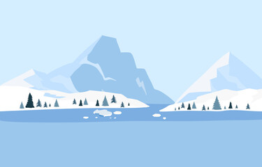 Winter sea ice landscape background with iceberg and blue clear sky mountain