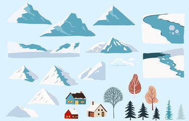 Winter element object with iceberg,house,pine tree, river for seasonal holiday decoration