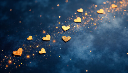 Heavenly romance, constellation of miniature golden hearts on dark blue watercolor background, Valentine's Day banner
