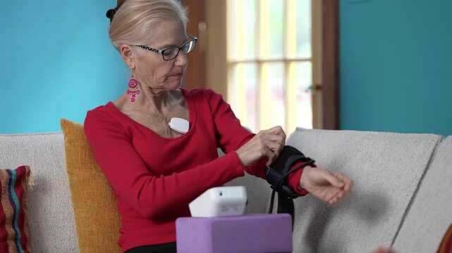 A mature woman relaxes on her couch in the living room putting a blood pressure cuff on and using a heart sensor to monitor her atrial fibrillation and maintain her health.