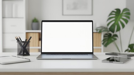 Fototapeta premium Laptop on a desk with office supplies and plants computer.